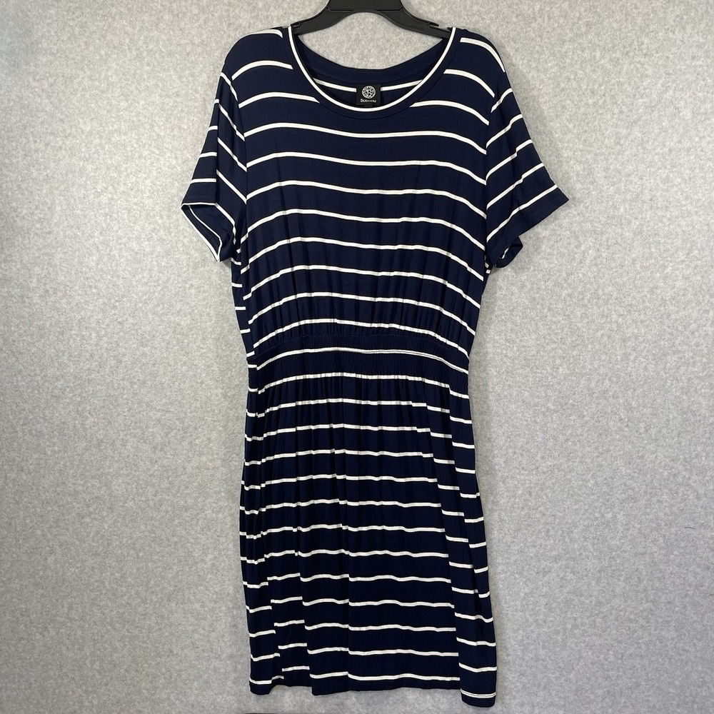 Bobeau Dress Women Large Navy White Midi Short Sleeve Round‎ Neck Elastic Waist